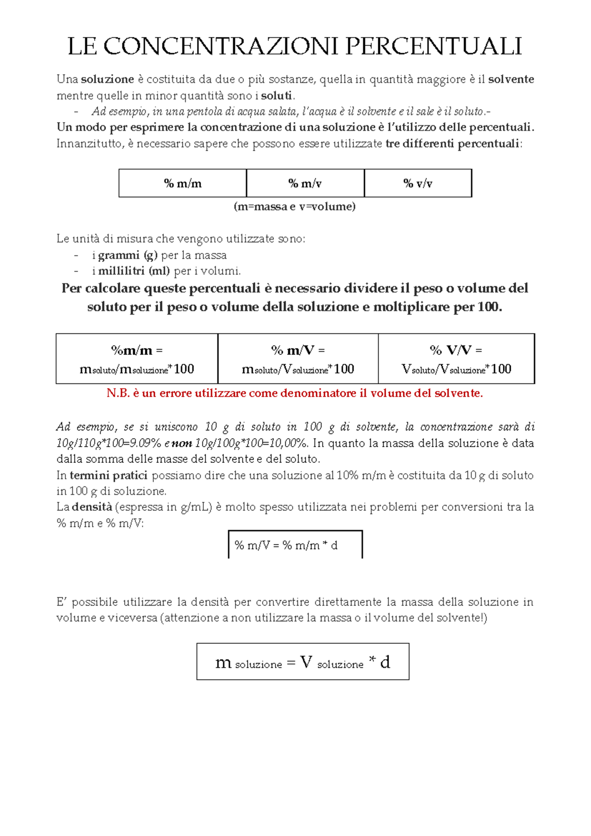 Concentrazioni Percentuali: Calcolo e Applicazioni Pratiche - Studocu
