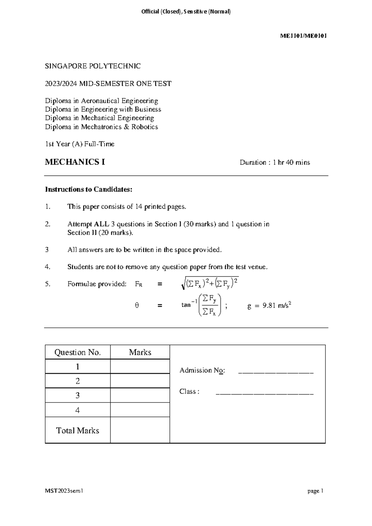 MST-ME1101-2023sem1-Mid-Semester Test Q&A for Mechanics I - Studocu