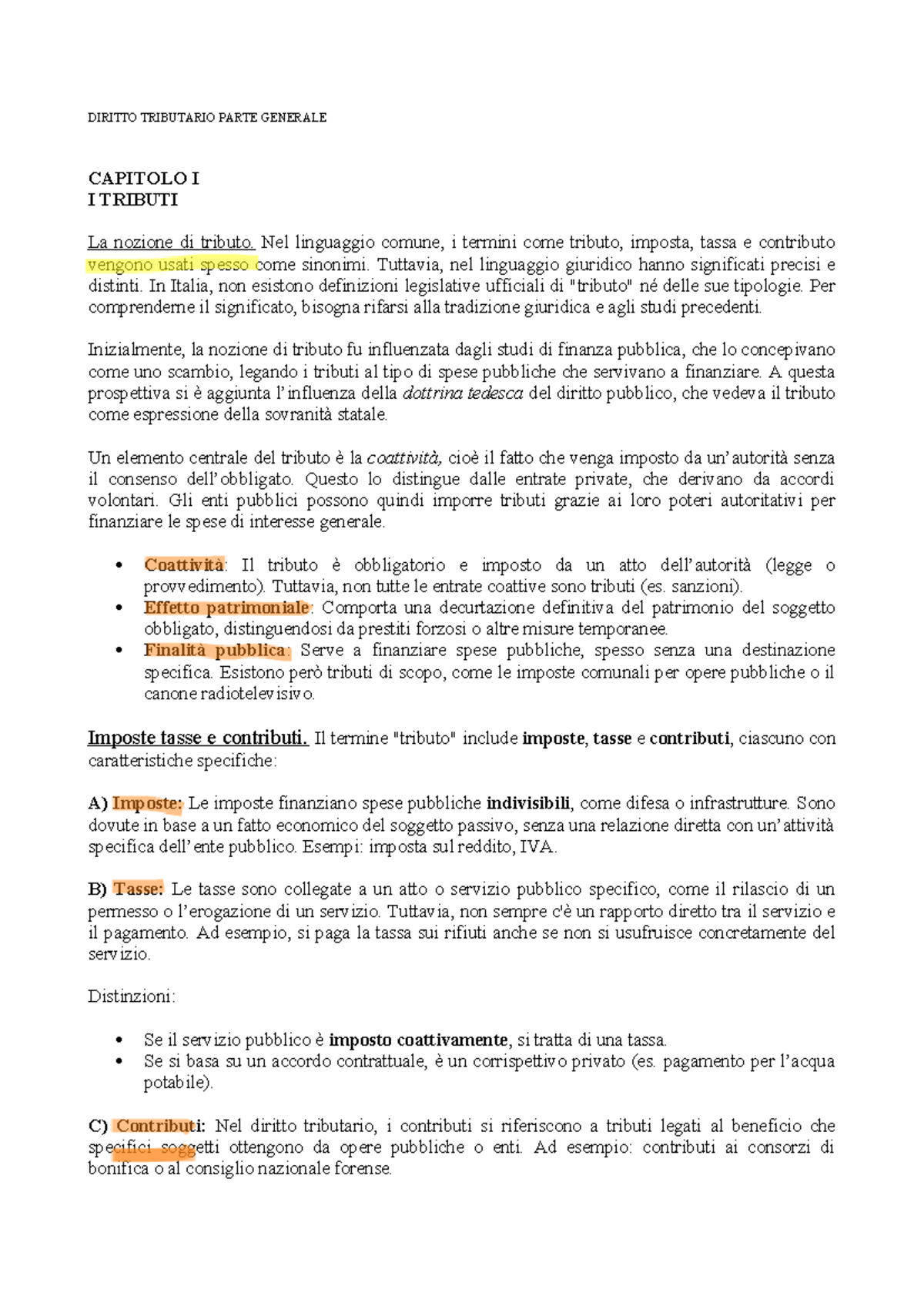 DIRITTO TRIBUTARIO PARTE GENERALE: CAPITOLO I - I TRIBUTI E LE LORO - Document Preview