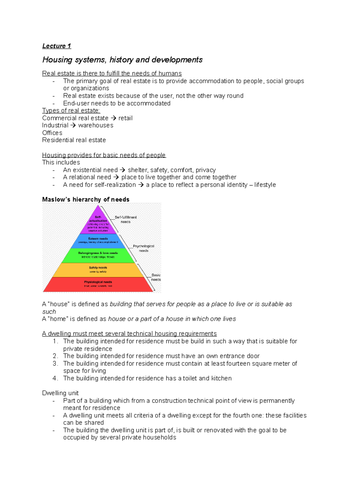 Housing Systems and Real Estate: Lecture Notes (Course Code: RE 101 ...