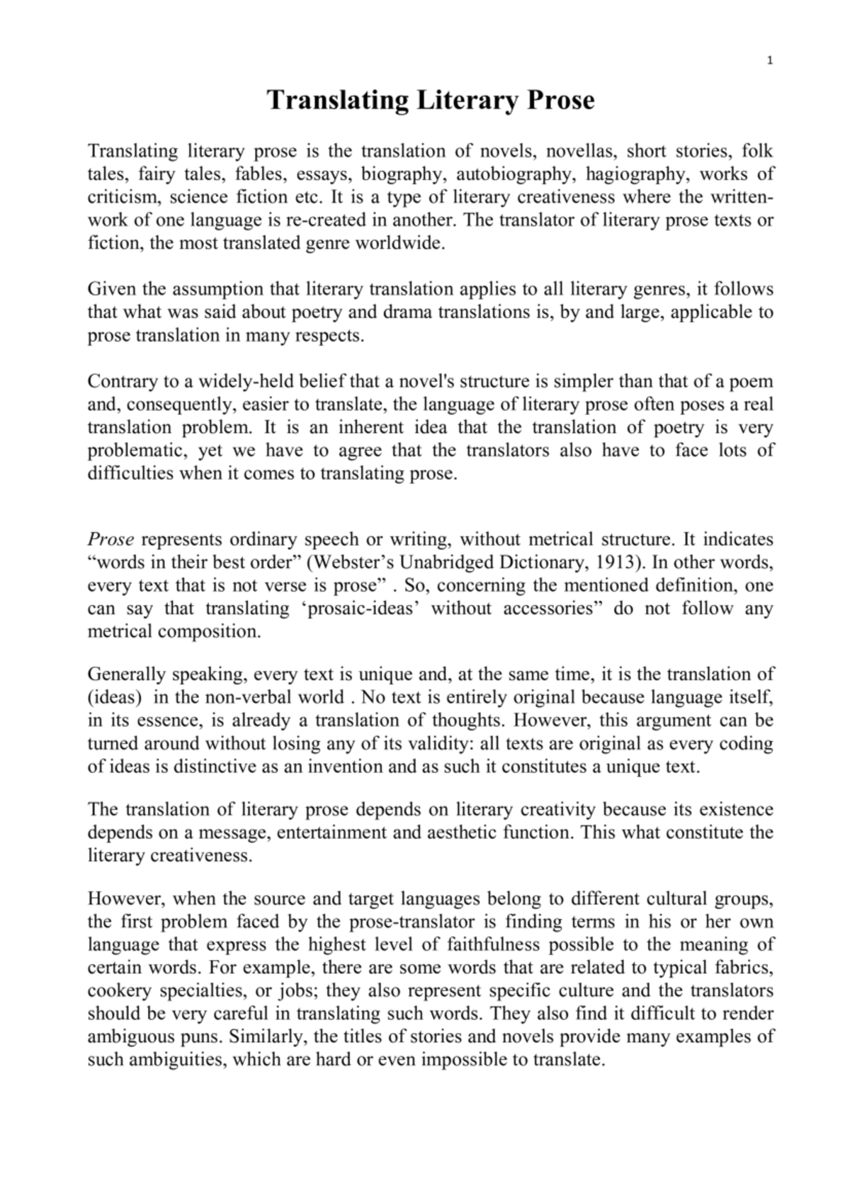 Prose text - ///// - 1 Translating Literary Prose Translating literary ...