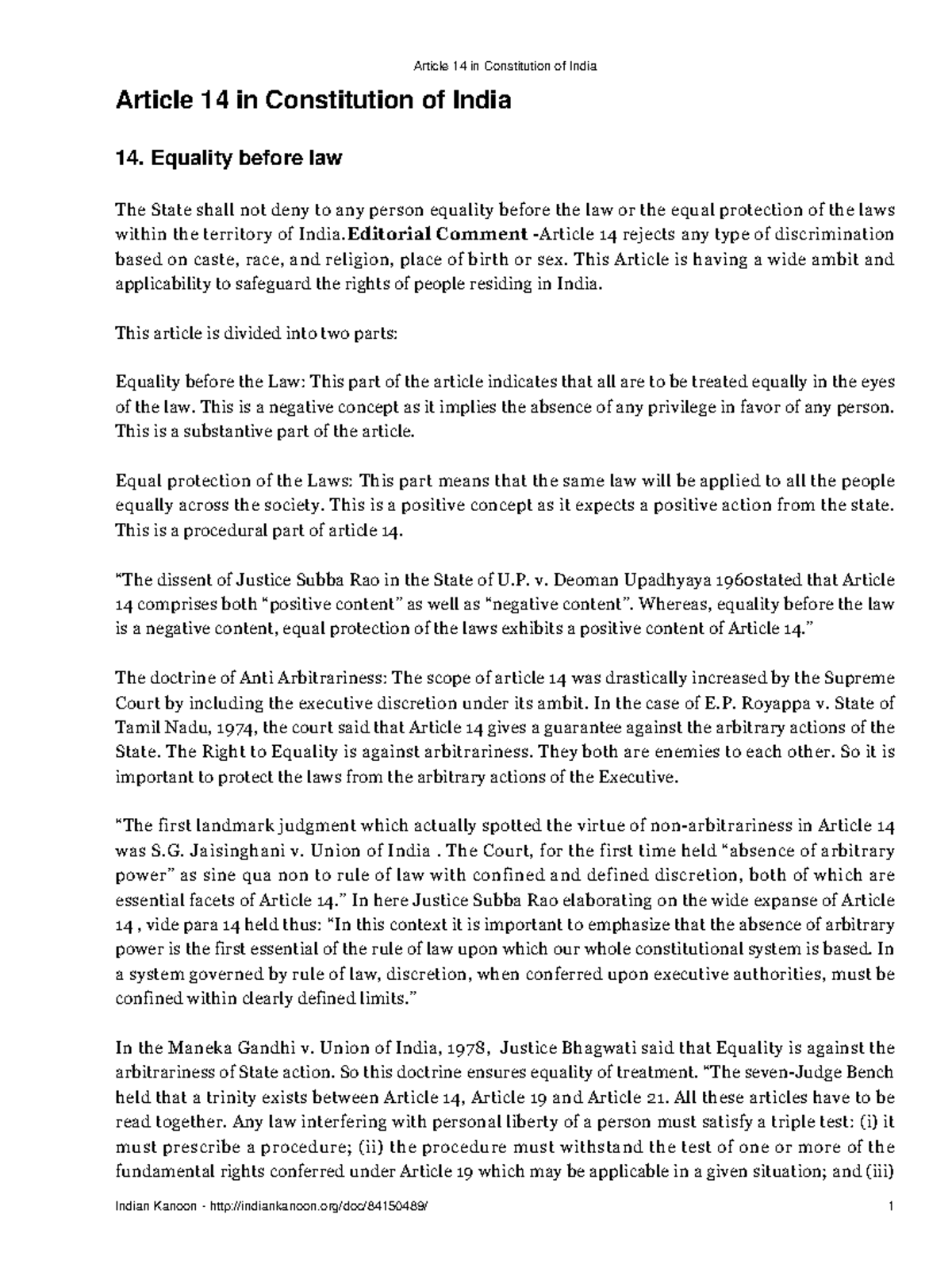 Article 14 of the Indian Constitution: Understanding Equality Before ...