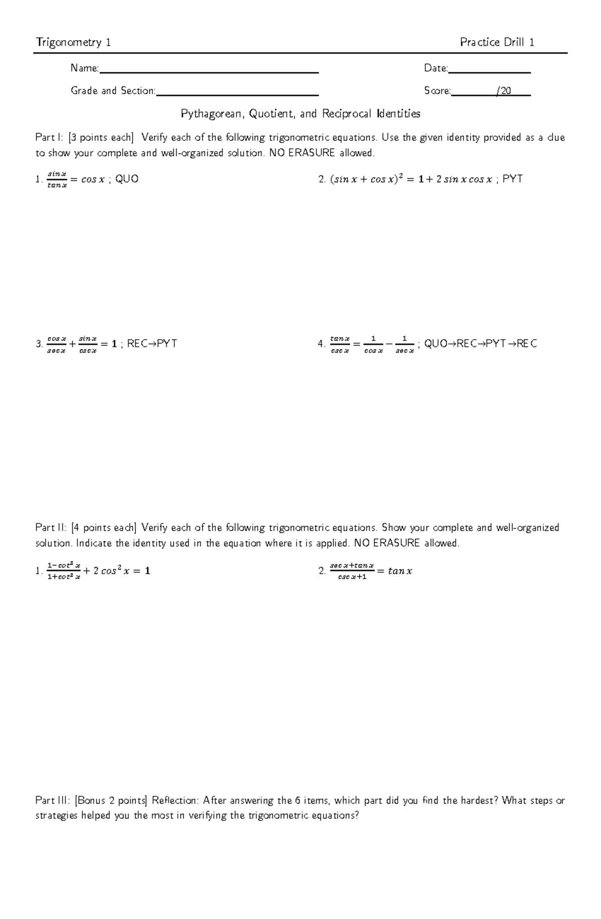 Trigo 1 Practice Drill: Verifying Trigonometric Identities - Studocu
