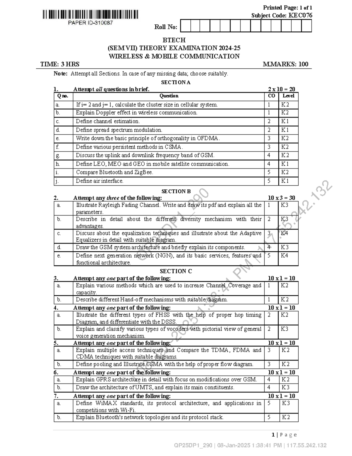 KEC076 Wireless Mobile Communication Theory Exam Notes - Studocu