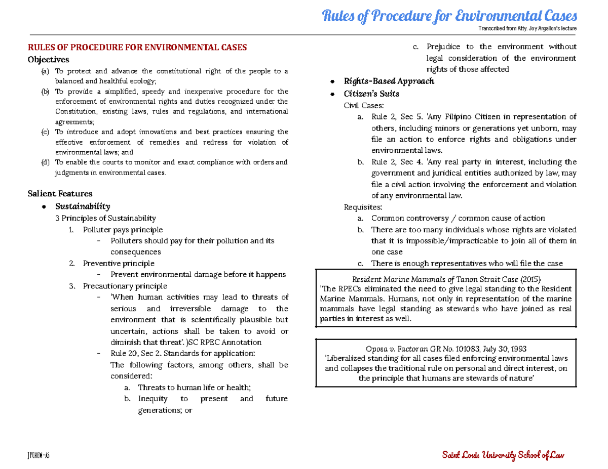 Rules of Procedure for Environmental Cases - Atty. Joy Lecture Notes ...