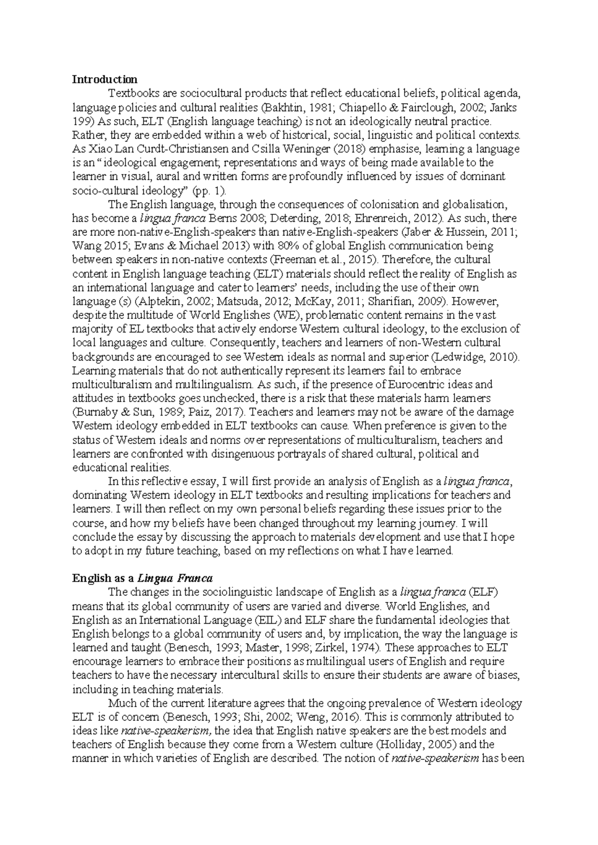 Reflective Essay on ELT Textbooks and Western Ideology (Sample 4) - Studocu
