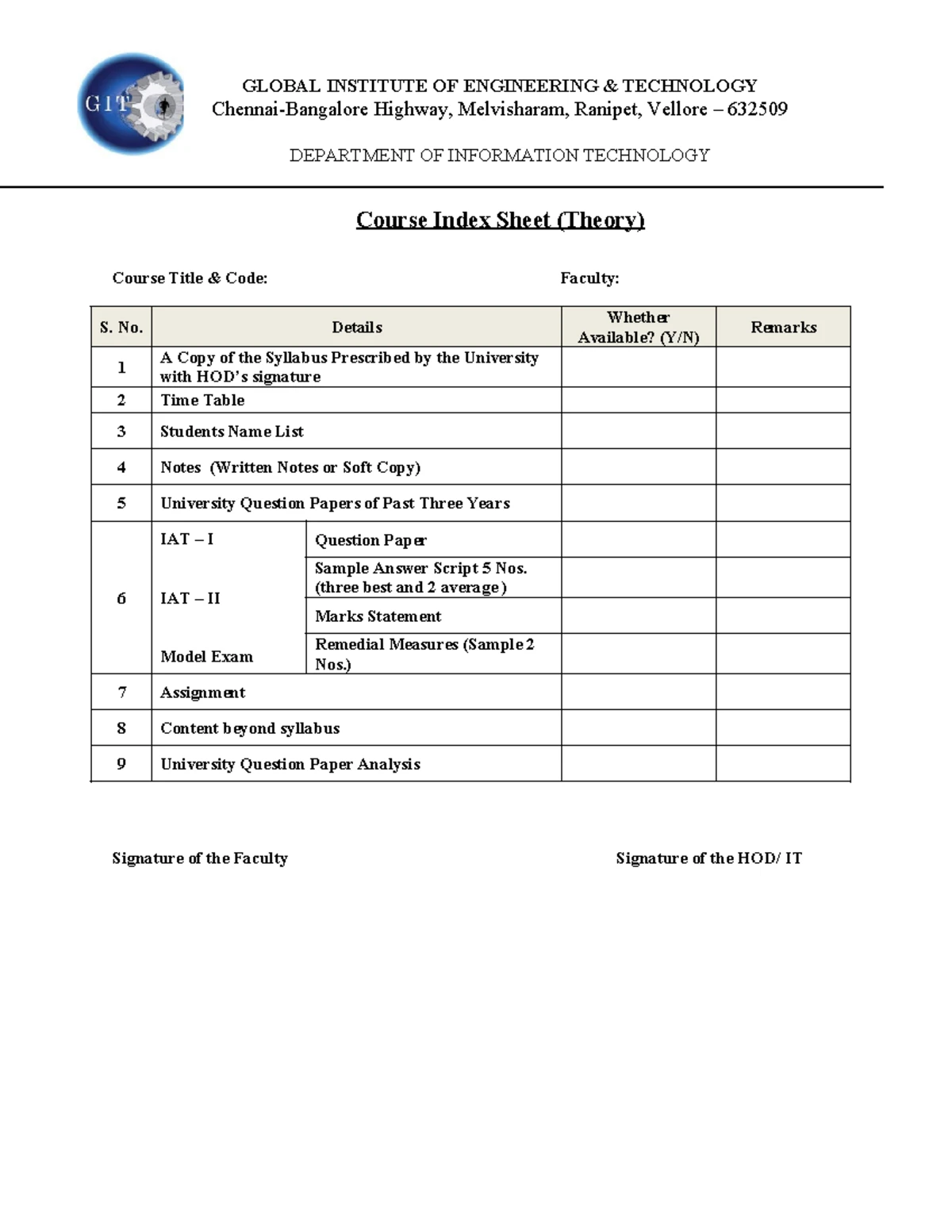 Course Index Sheet-Theory CSE - GLOBAL INSTITUTE OF ENGINEERING ...