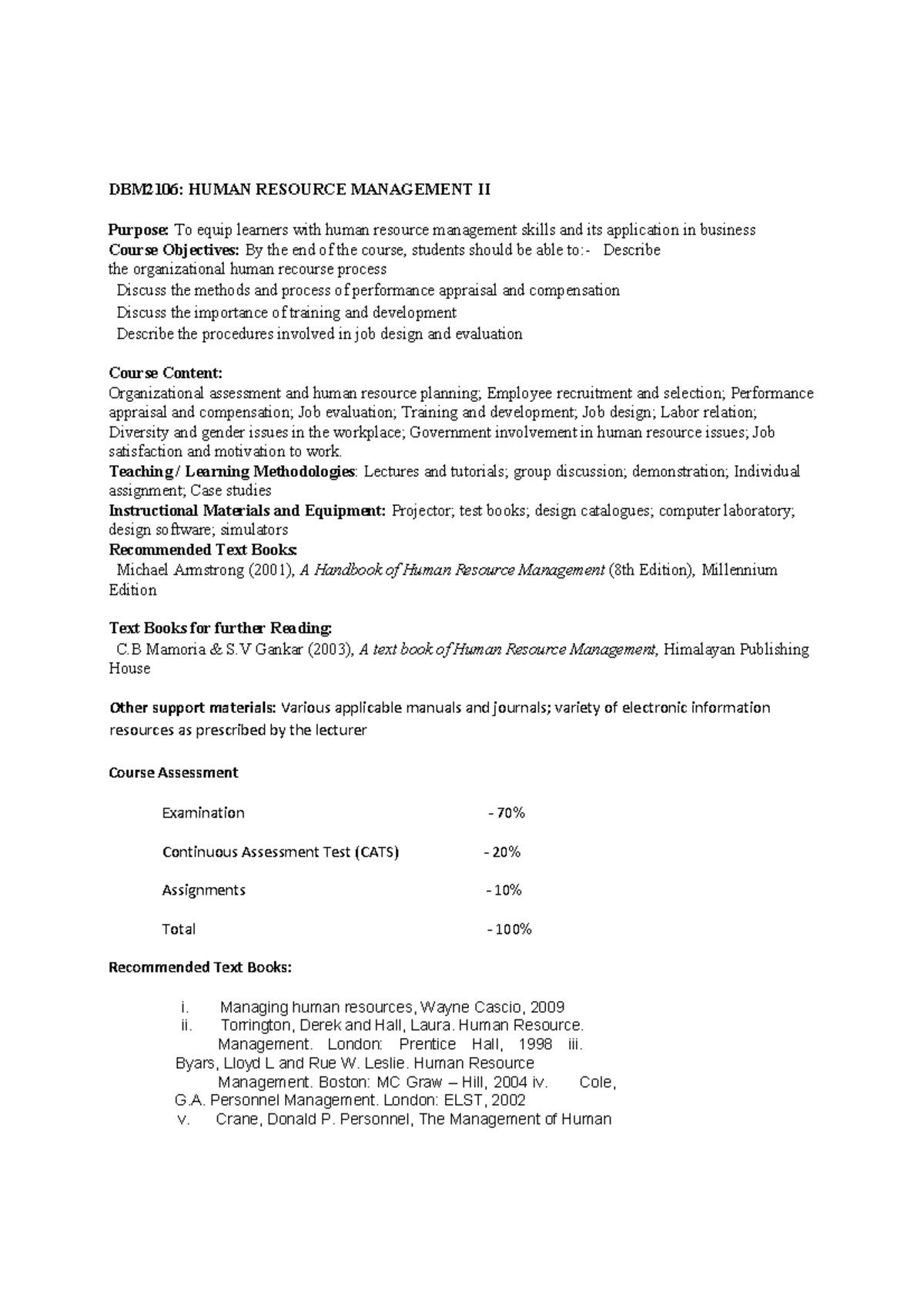 DBM2106: Human Resource Management II - Course Overview - Studocu