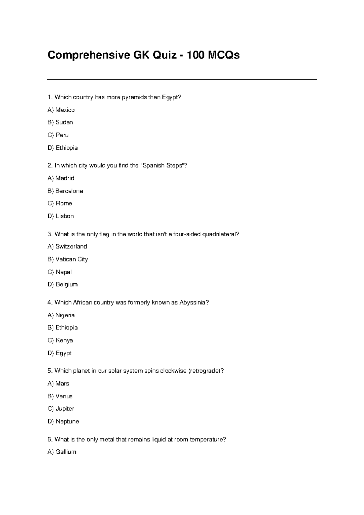 Comprehensive GK Quiz: 100 MCQs for Review - Studocu