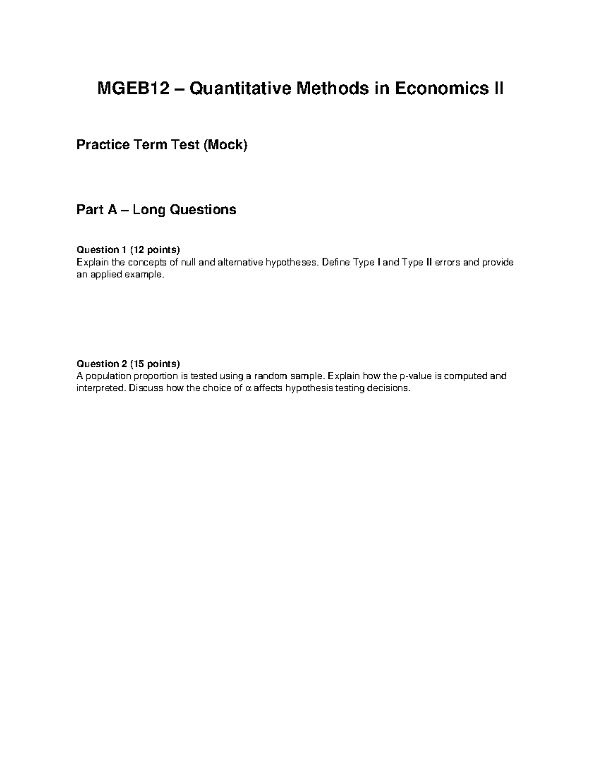MGEB12 Quantitative Methods II Practice Test: Hypothesis Concepts ...