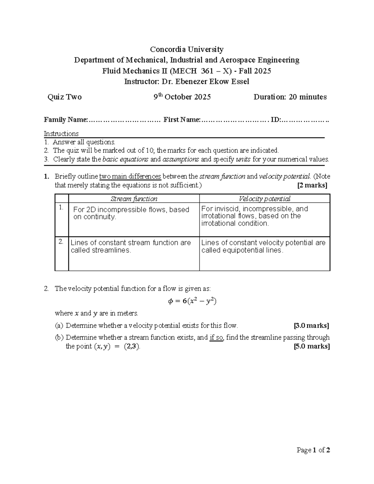 MECH 361 X Fluid Mechanics II Quiz 2 Solutions - Fall 2025 - Studocu