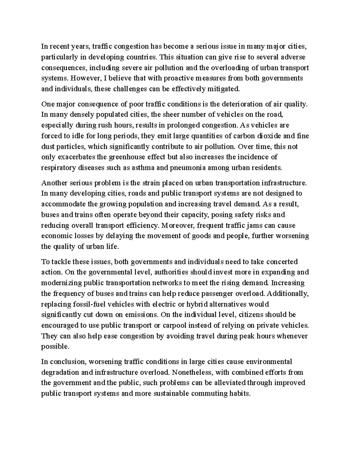 Traffic Conditions and Solutions - IELTS Writing Task 2 - Studocu