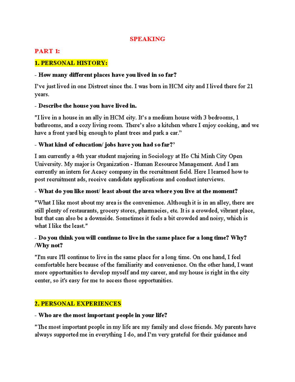 SPEAKING Practice Responses - TAdaura's Personal Experiences and ...