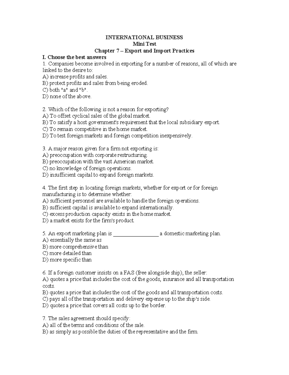 IB Minitest 7: Export and Import Practices Quiz for International ...