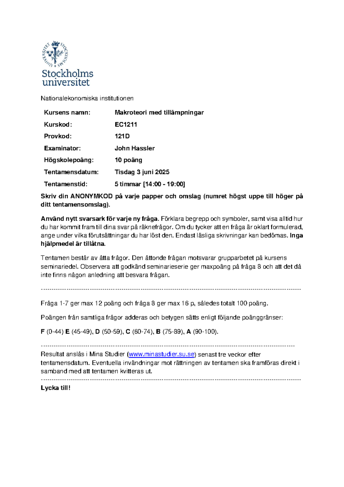 EC1211 Tentamen 3 juni 2025 - Makroteori och Tillämpningar - Document Preview