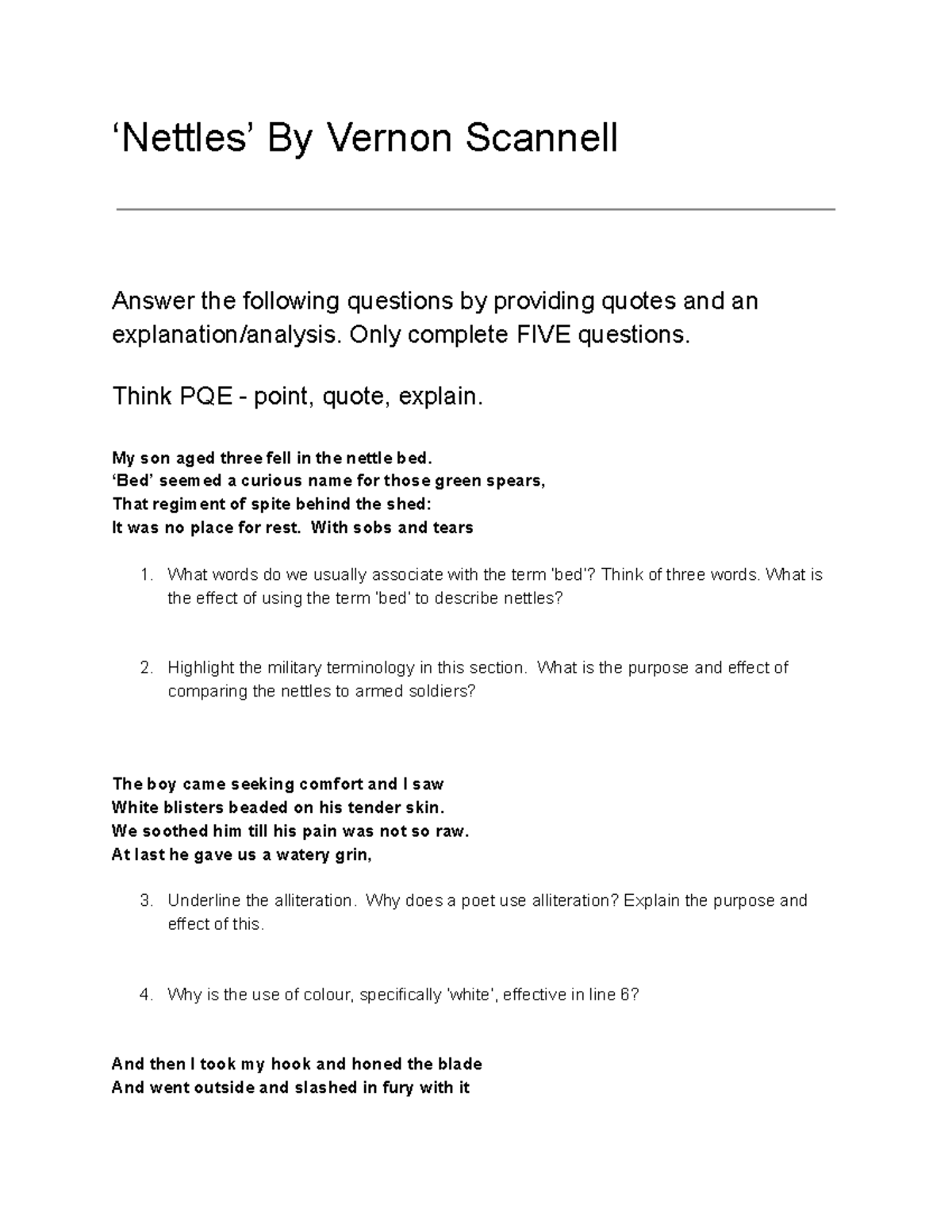 Nettles by Vernon Scannell: Analysis Worksheet (Questions & Quotes ...