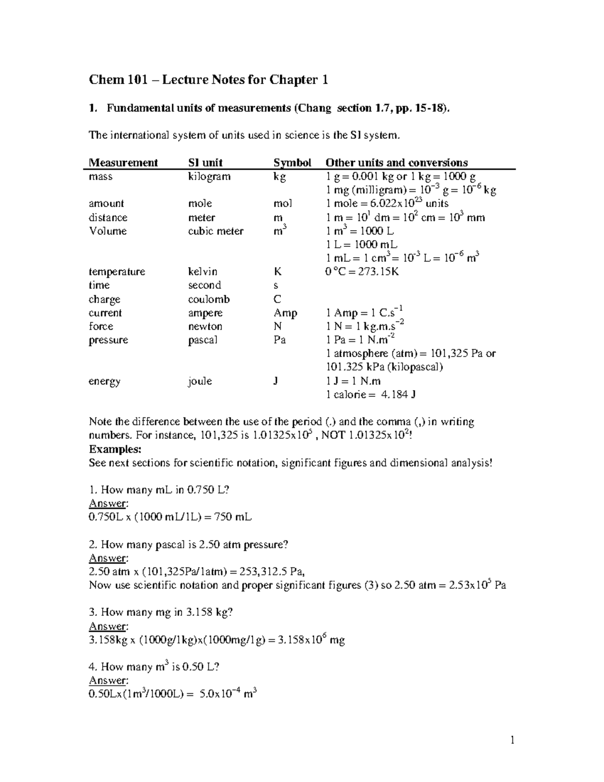 Chapter 1 Lecture Notes - Chem 101 – Lecture Notes for Chapter 1 ...