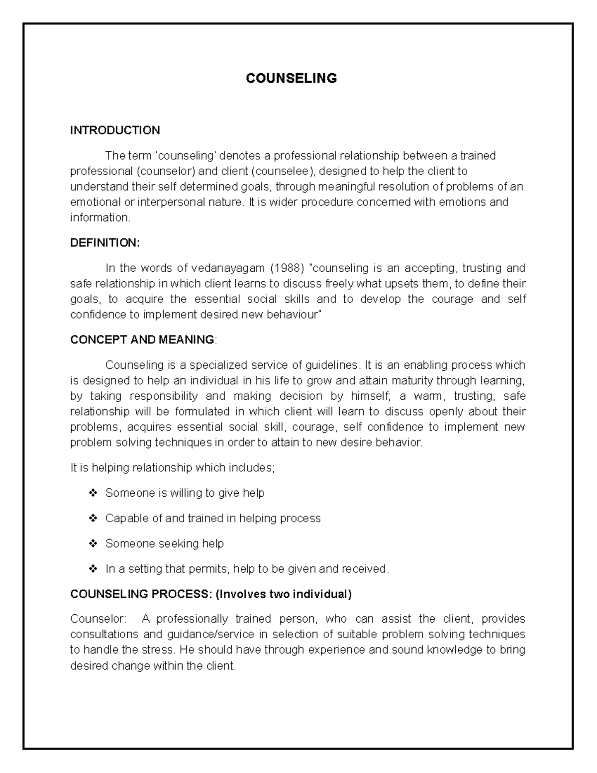 Counseling - COUNSELING INTRODUCTION The term ‘counseling’ denotes a ...