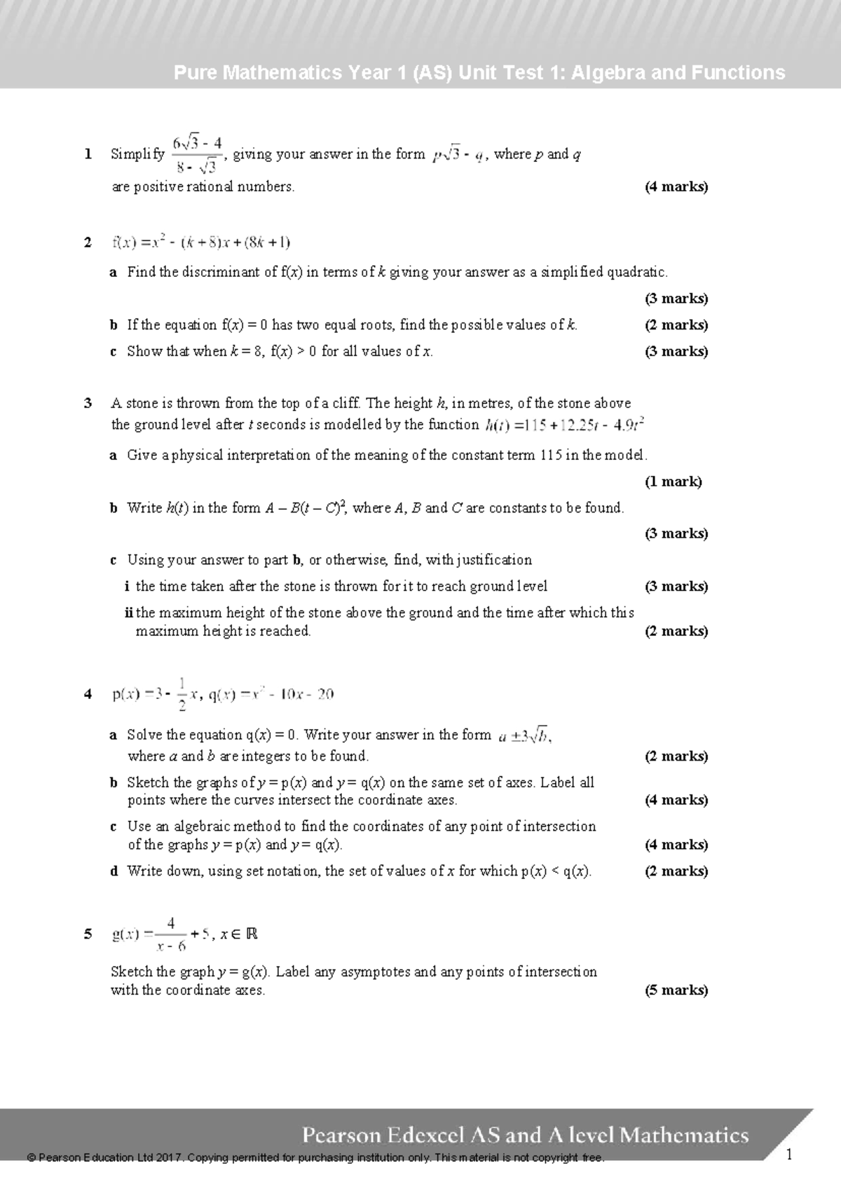 Unit 1 Test AS Pure Math: Algebra & Functions Analysis - Studocu