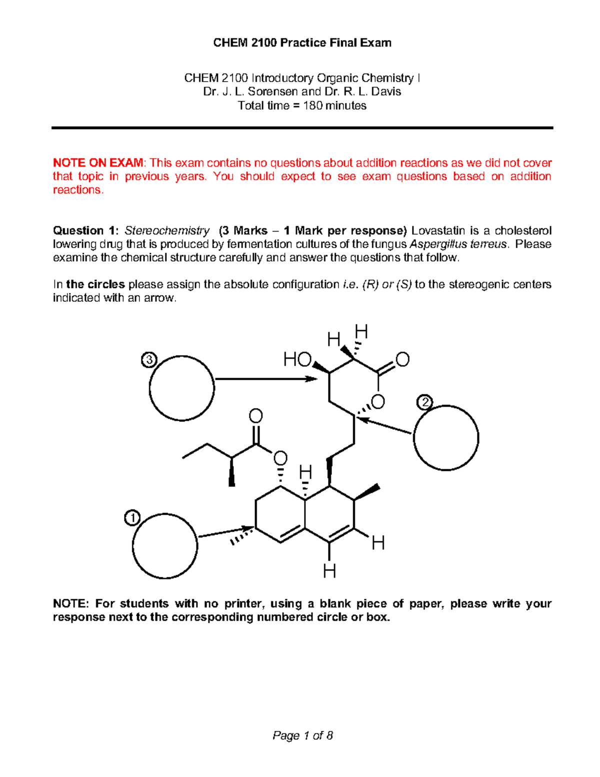 CHEM 2100 Practice Final Exam: Organic Chemistry Concepts and Questions ...