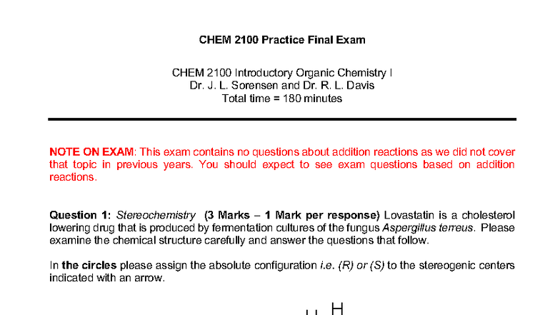 CHEM 2100 Practice Final Exam: Organic Chemistry Concepts and Questions ...