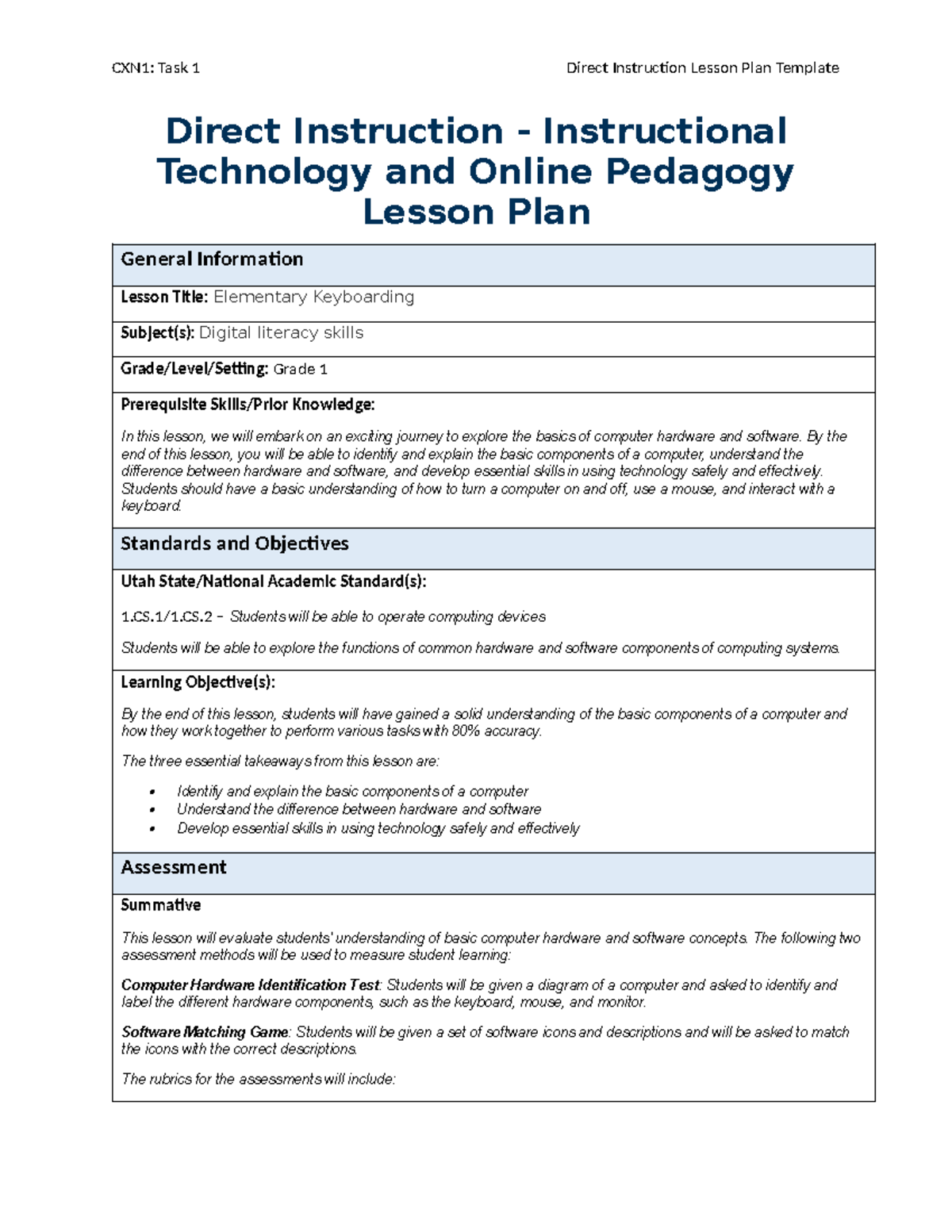 CXN1: Direct Instruction Lesson Plan on Elementary Keyboarding Skills ...
