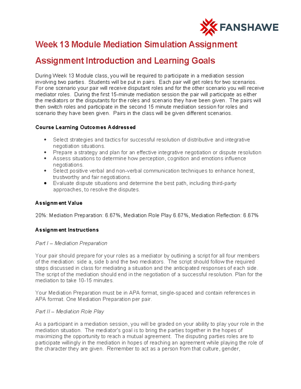 Week 13 Mediation Simulation Assignment Guidelines and Instructions ...