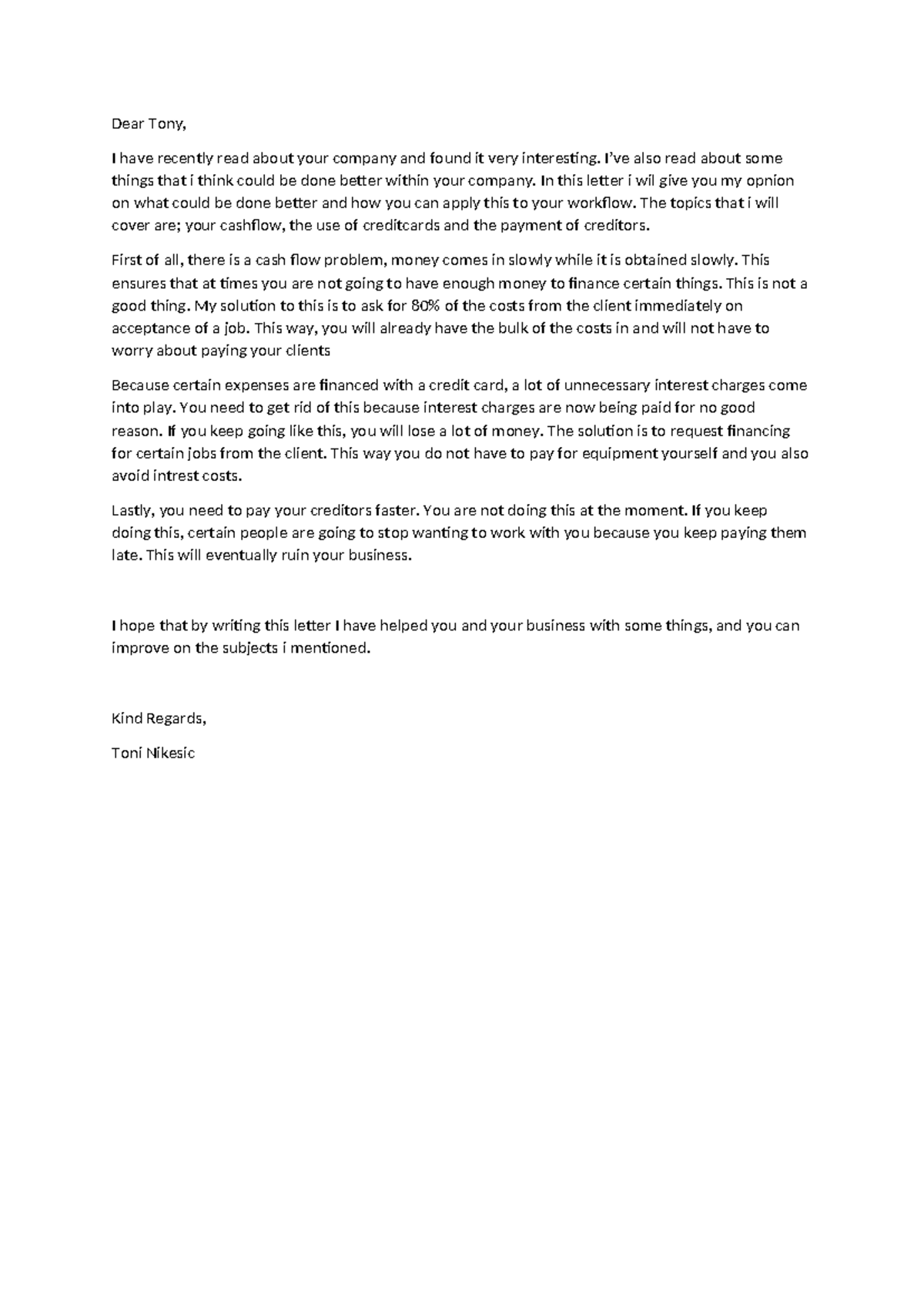 Business Advisory Letter: Improving Cash Flow and Credit Management ...