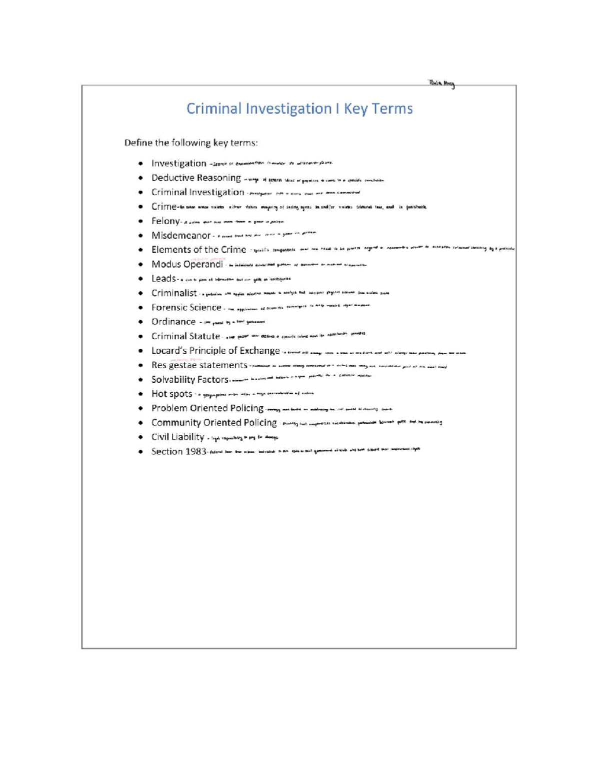 Criminal Justice 111 - Key Terms for Criminal Investigation I - Studocu