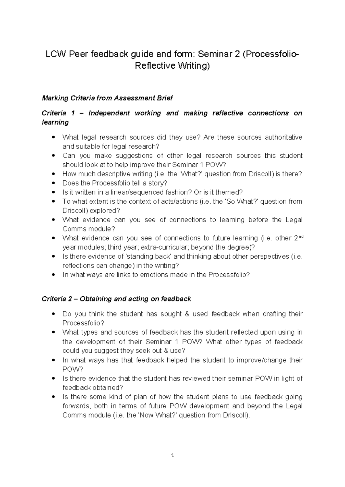LCW 2025-26 Seminar 2 Peer Feedback Guide and Marking Criteria - Studocu