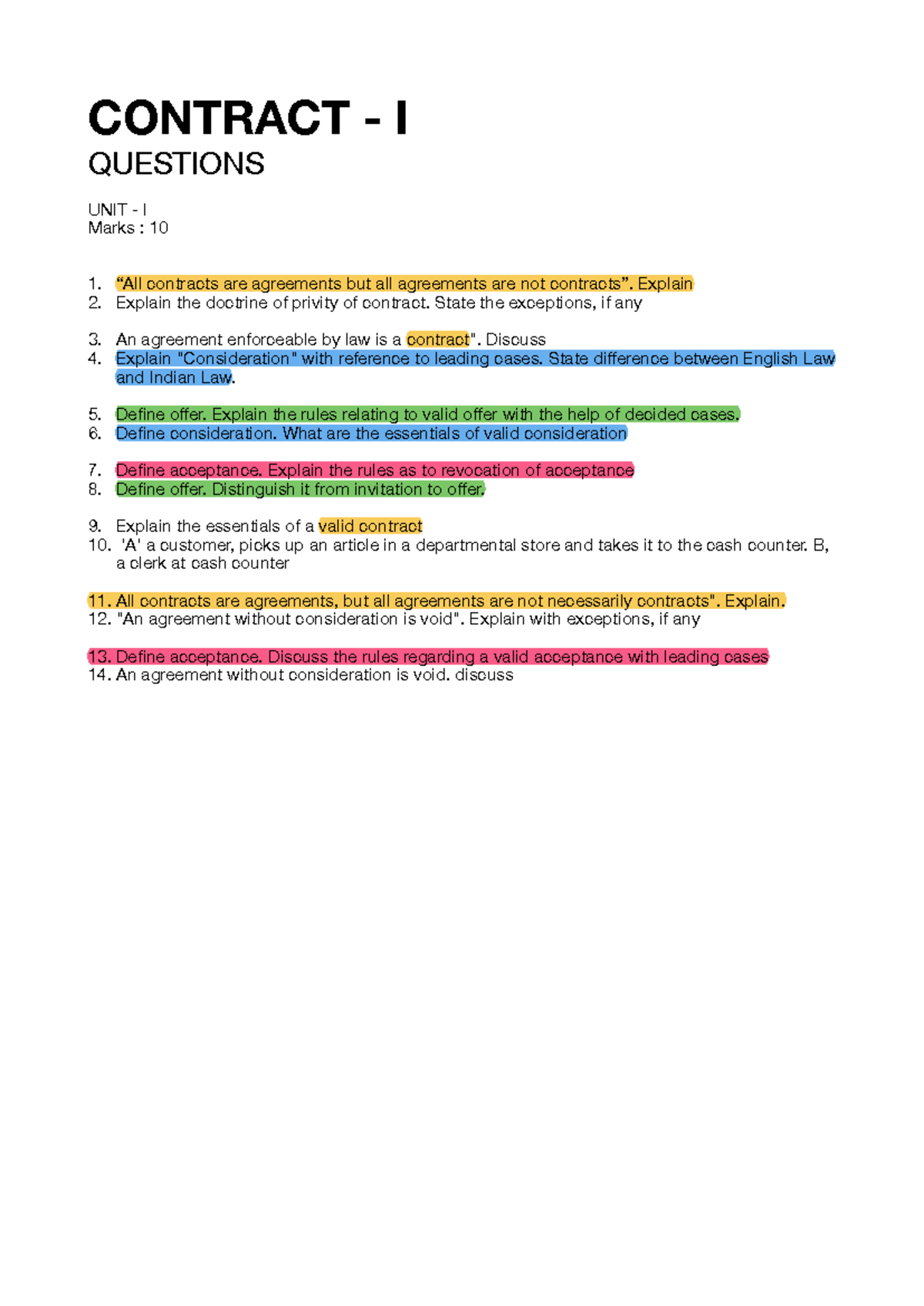 Contract I Questions - Unit I & II Overview - Studocu