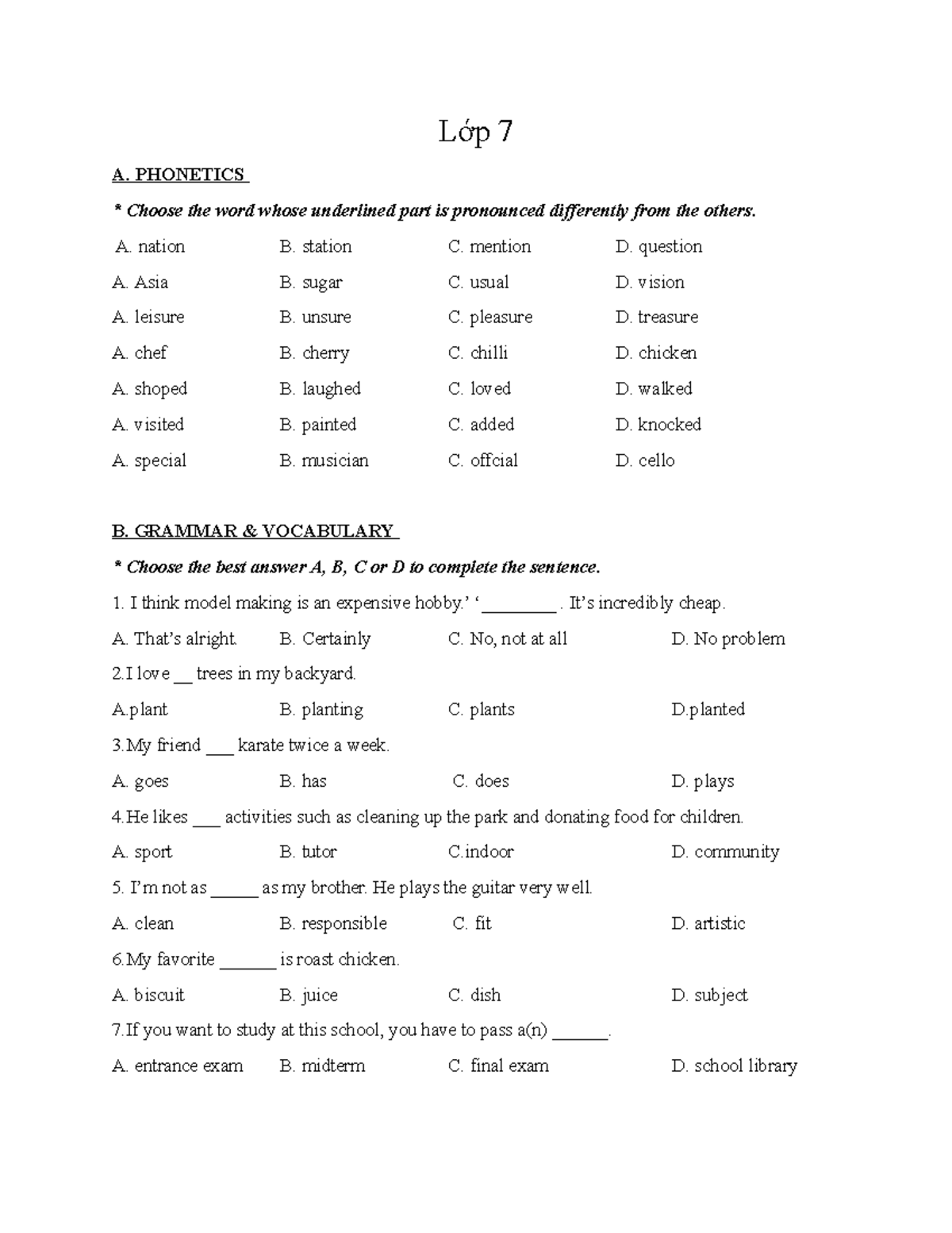 Lớp 7 - Final Exam Review for Semester 1 - Studocu