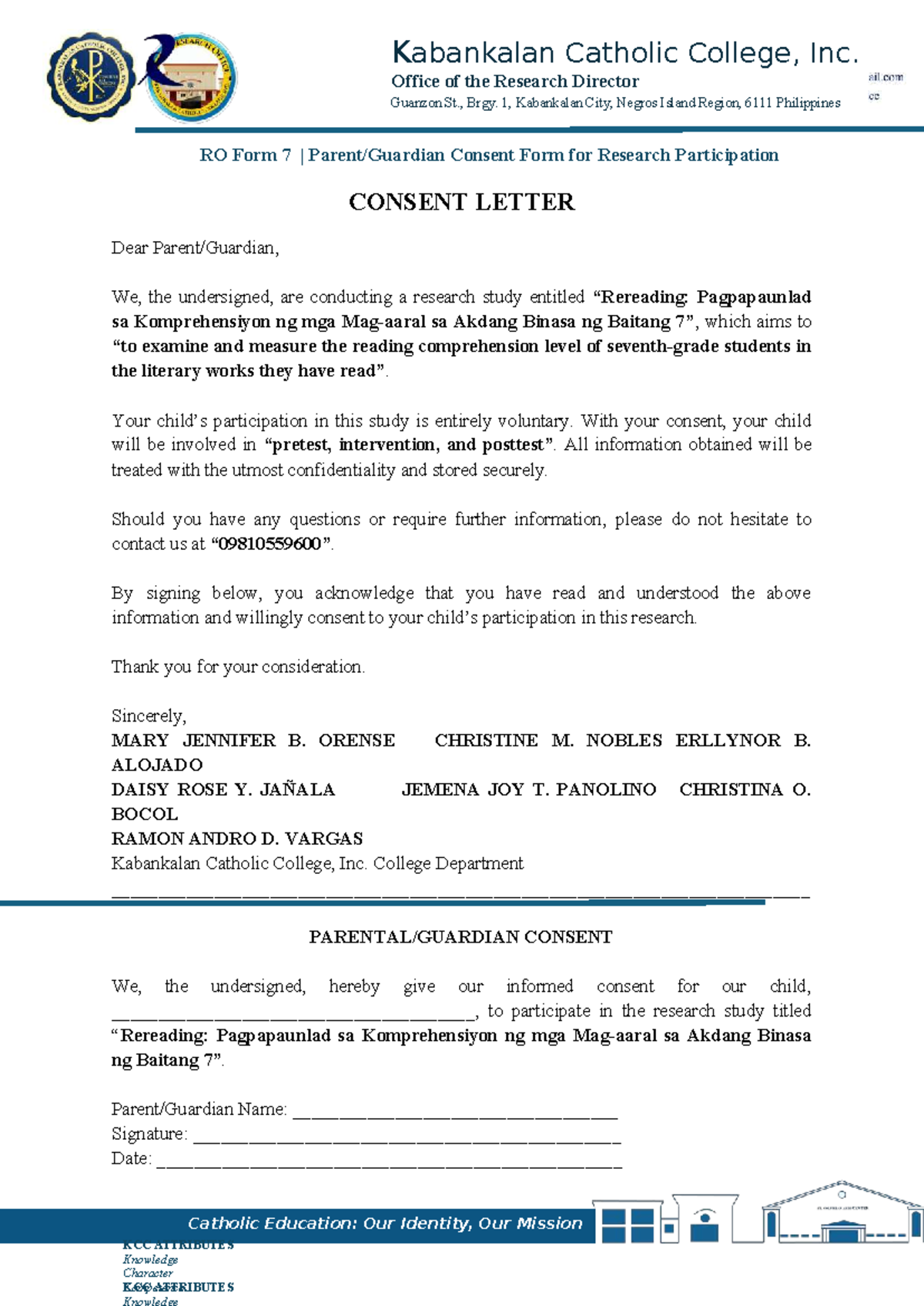 KCC Research Consent Form: Pagpapaunlad sa Komprehensiyon ng mga Akdang ...