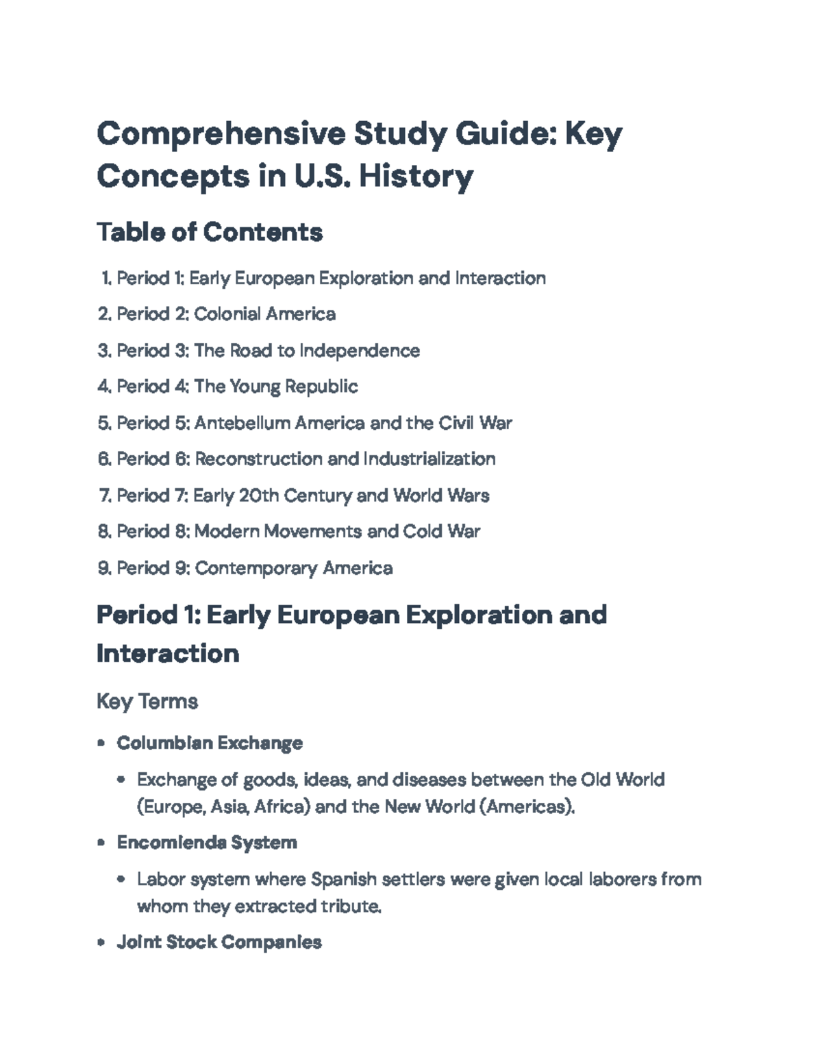 Comprehensive Study Guide: Key Terms in U.S. History (CS: HIST 101 ...