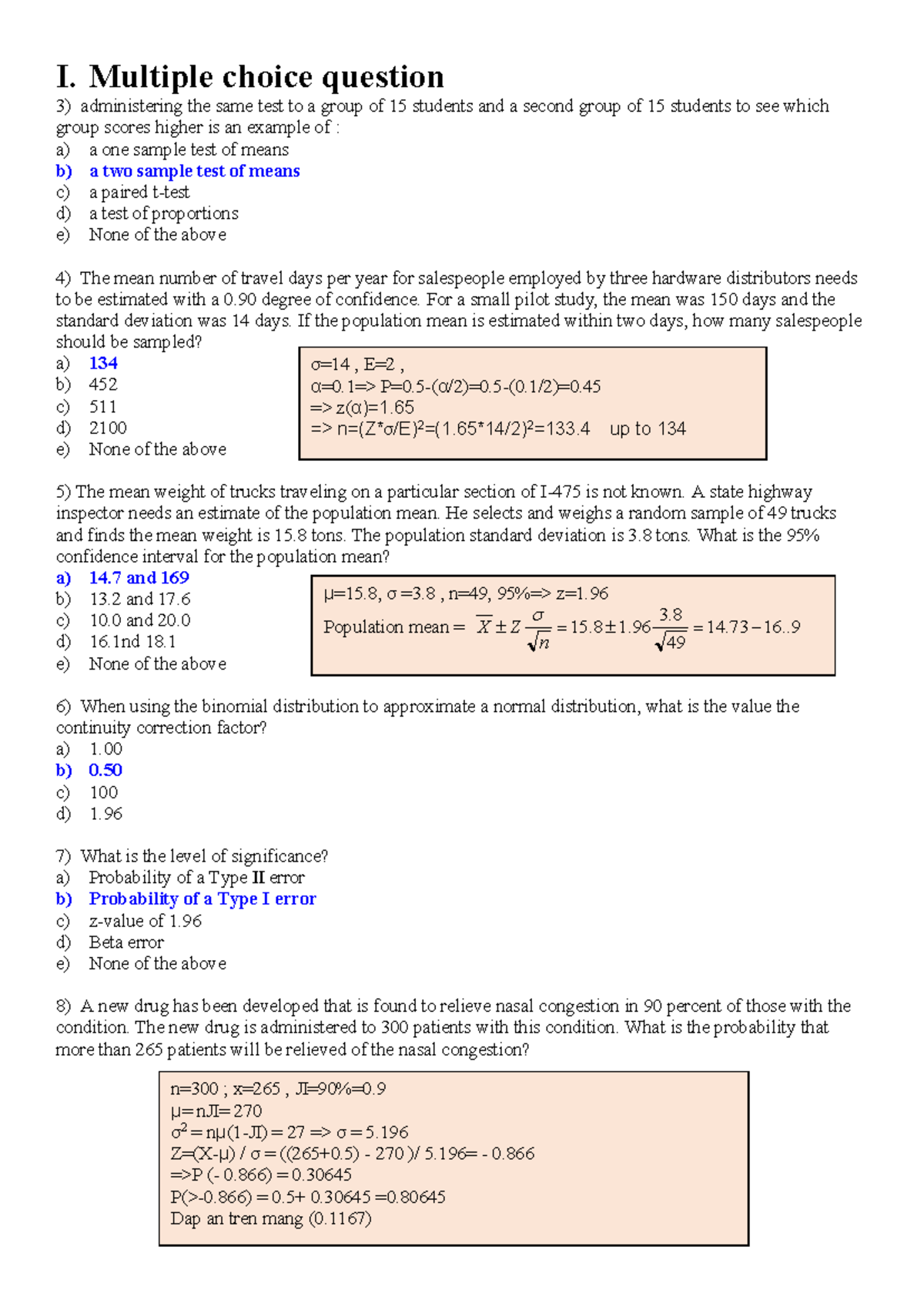 Test in class 2 Statistic 228 - I. Multiple choice question ...