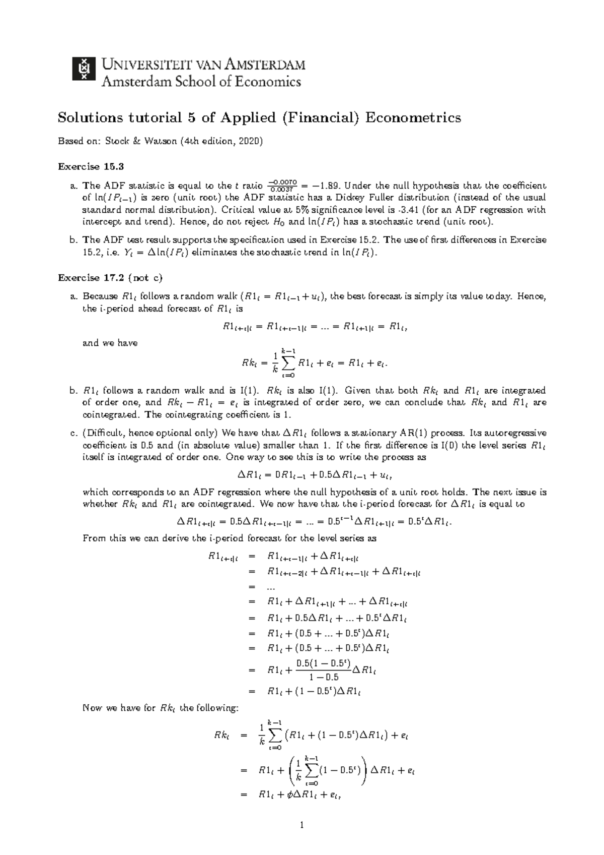 Applied Econometrics Exercise Solutions (Week 5) - Stock & Watson ...