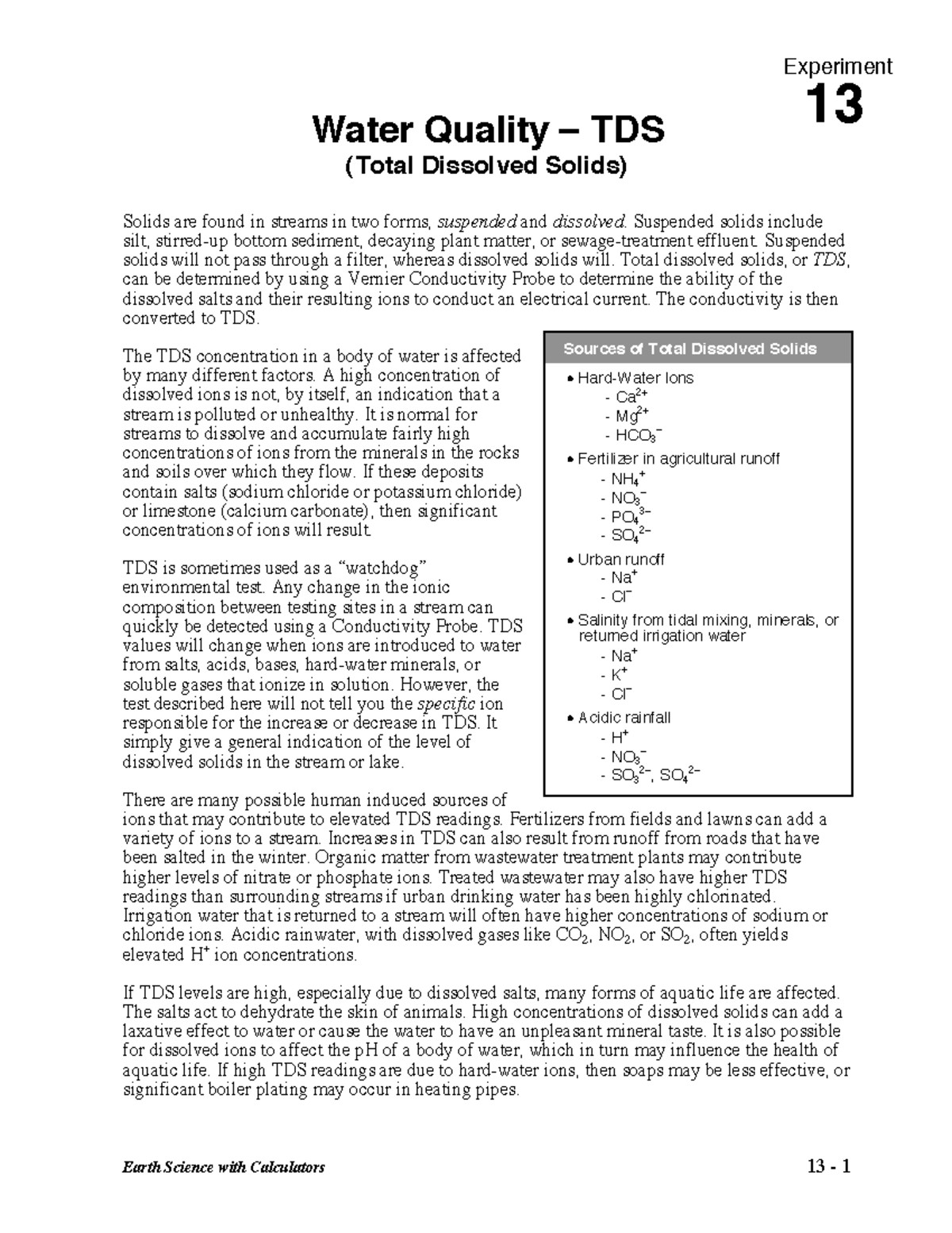 Earth Science 13: Analysis of Total Dissolved Solids (TDS) using ...