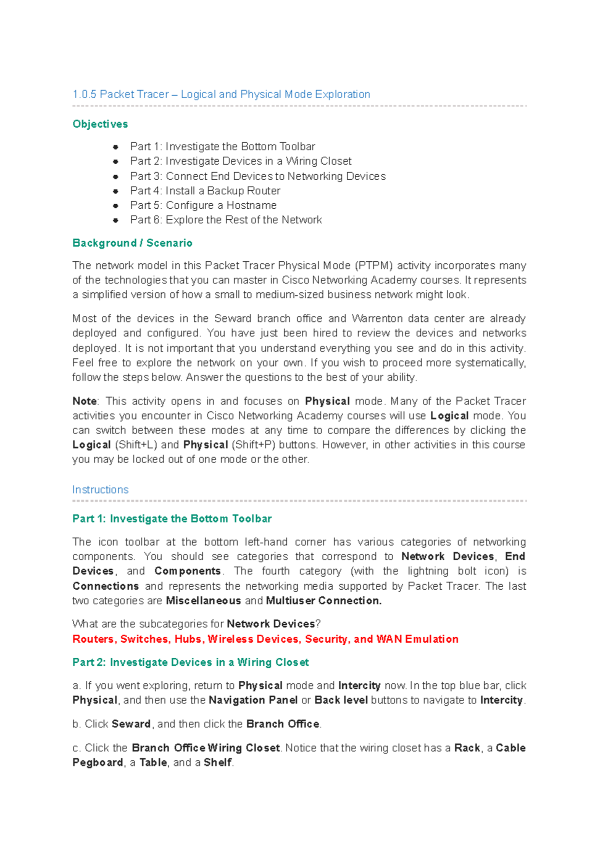 1.0.5 Packet Tracer: Exploring Logical & Physical Modes (Module) - Studocu