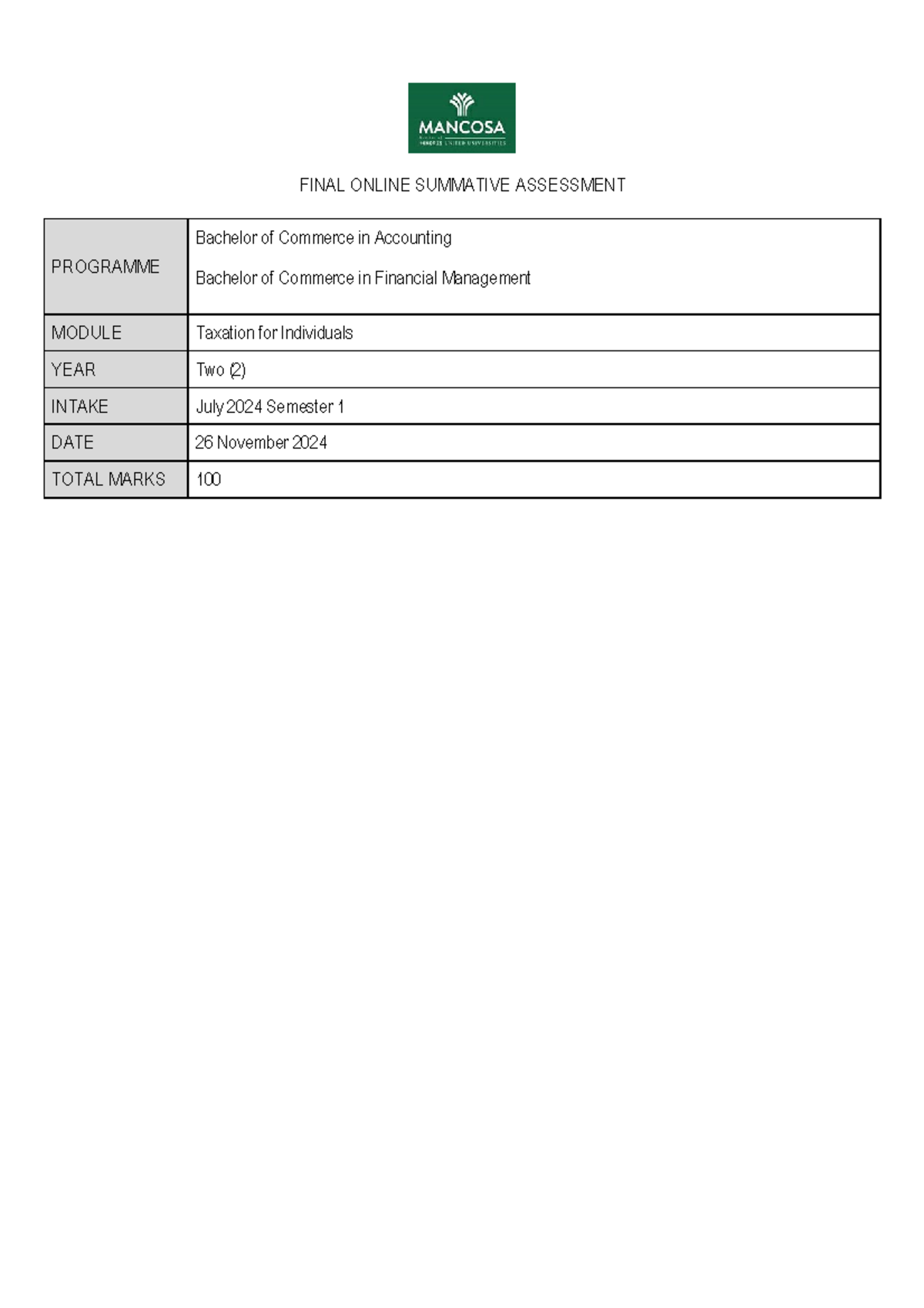 Taxation for Individuals: Final OSA - BCom Accounting 2024 - Studocu