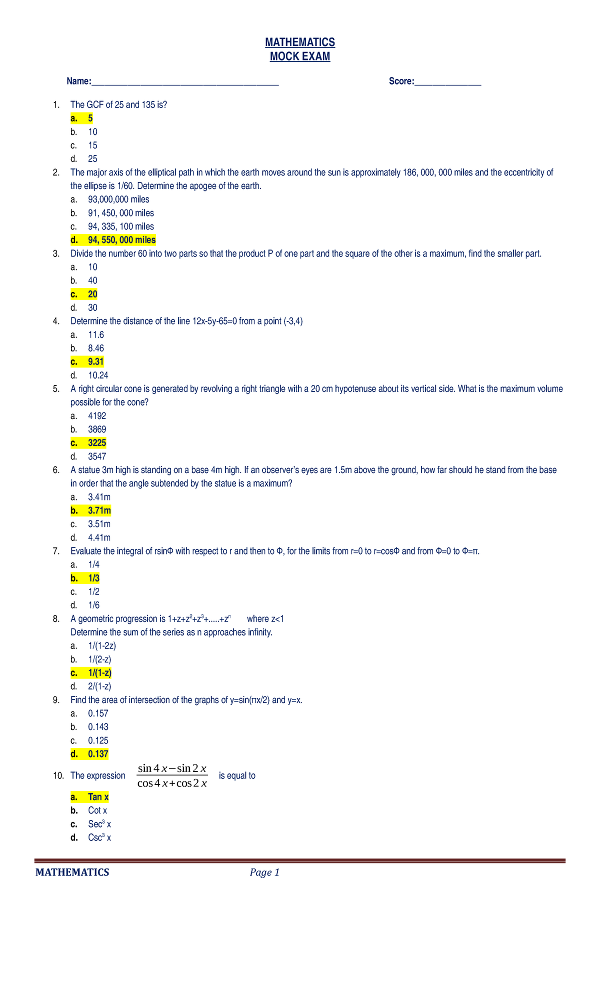 Mathematics Mock Exam for Board Exam Takers: Practice Questions - Studocu