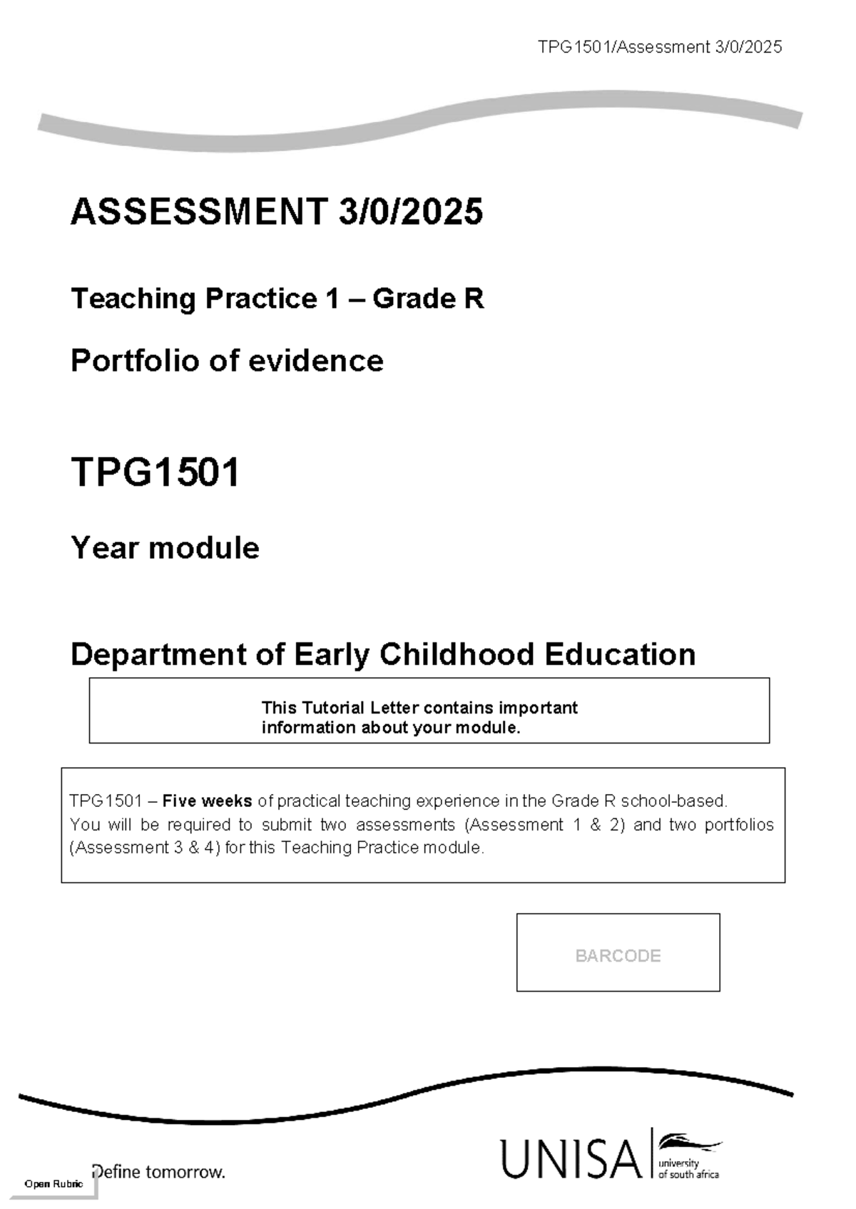 TPG1501 Teaching Practice 1 Grade R Assessment 3 Portfolio Guide - Studocu