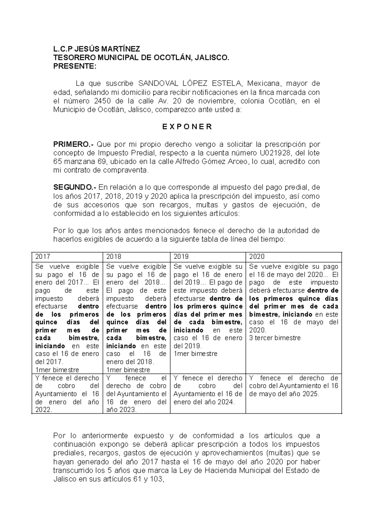 Escrito de Prescripción del Impuesto Predial U021928 - Ocotlán, Jalisco - Document Preview
