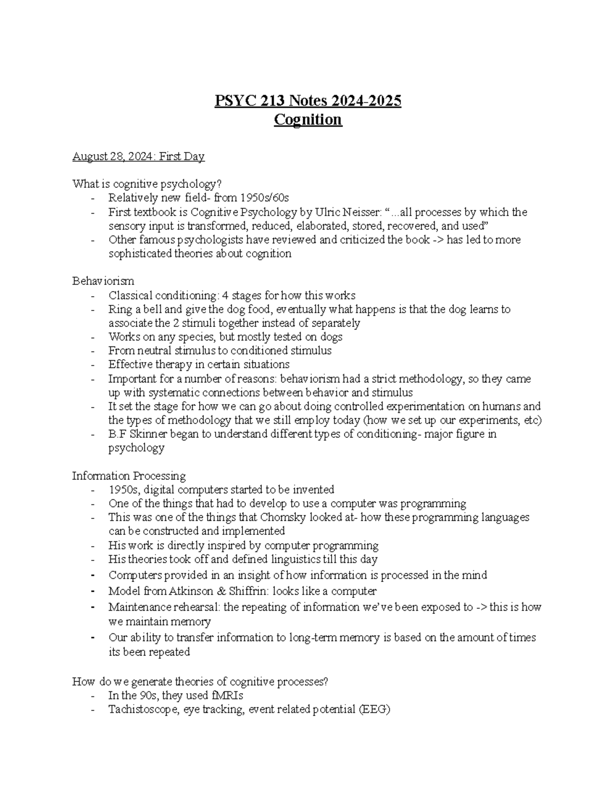 PSYC 213 Lecture Notes: Introduction to Cognitive Psychology (2024 ...