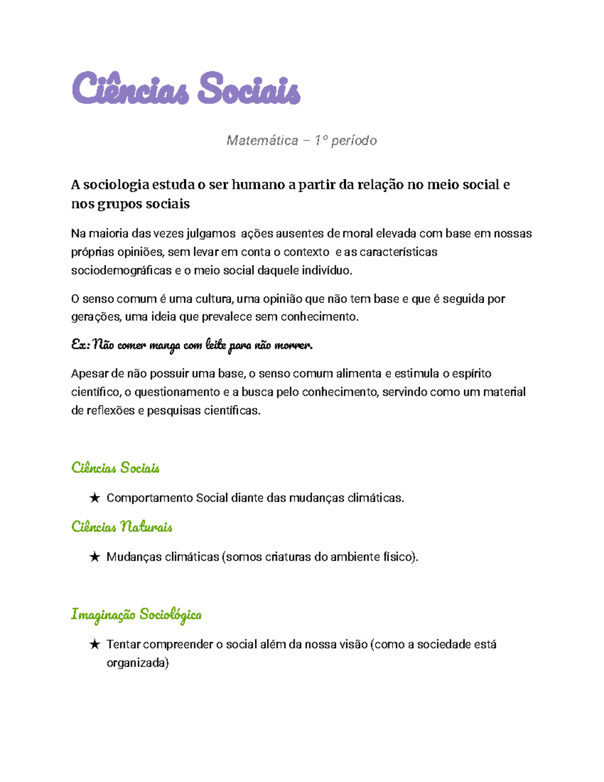 Resumo de Ciências Sociais - Matemática 1º Período - Studocu