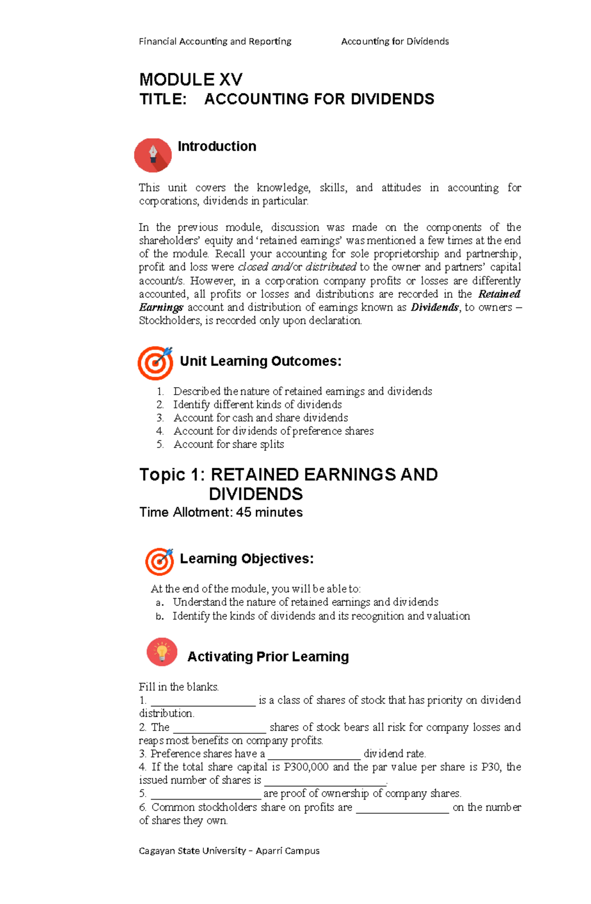 Accounting for Dividends - MODULE XV Overview and Activities - Studocu