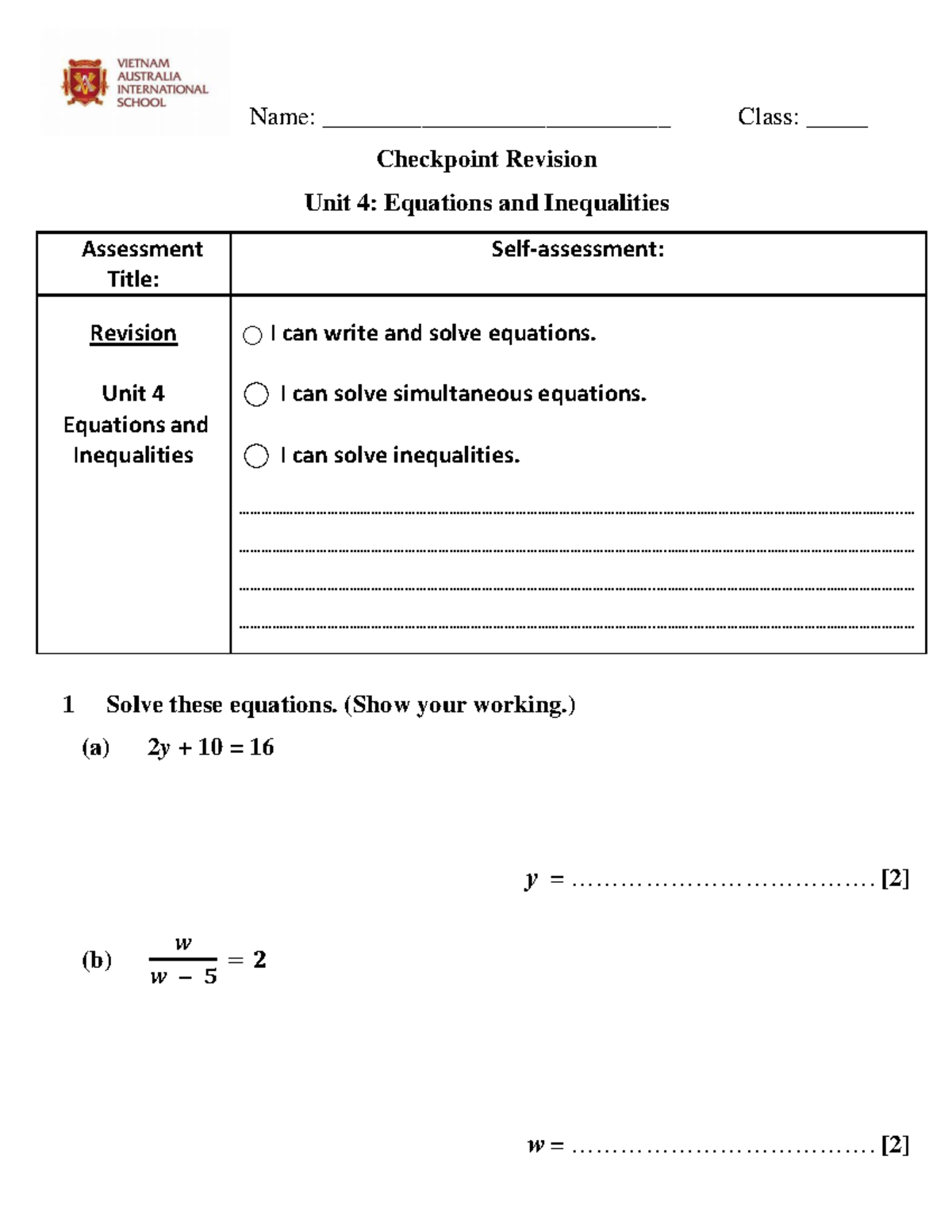 Revision Unit 4: Equations & Inequalities Assessment (813501040) - Studocu