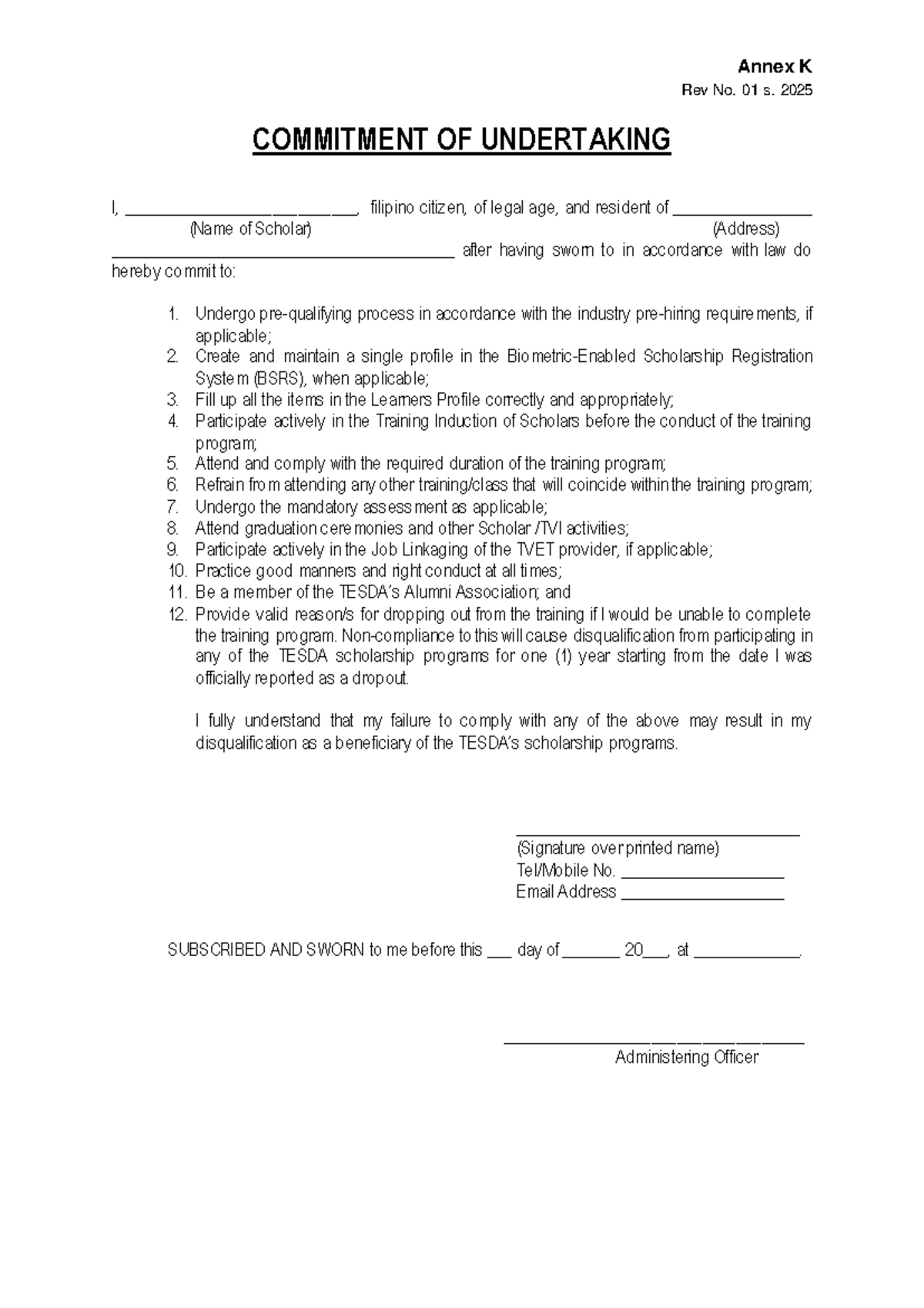 Annex K Rev 01 s. 2025 - Commitment of Undertaking for Scholars - Studocu