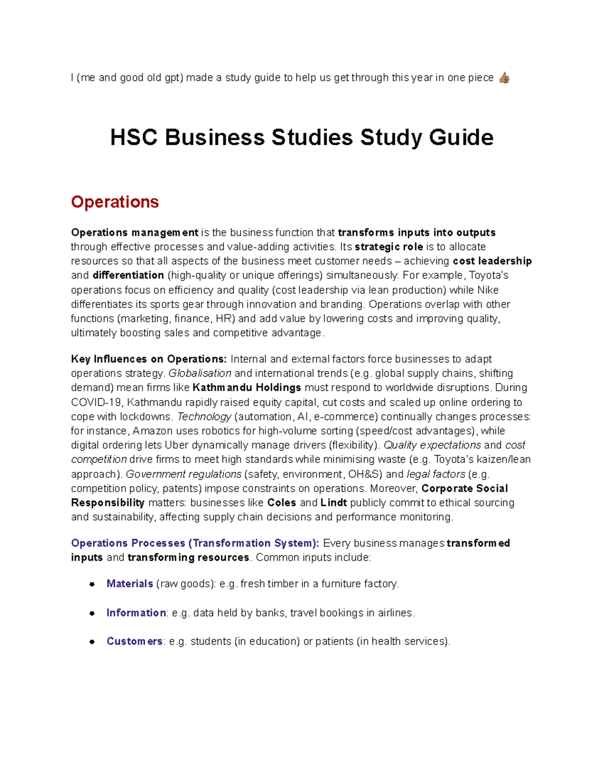 HSC Business Studies Study Guide: Operations Management Insights - Studocu