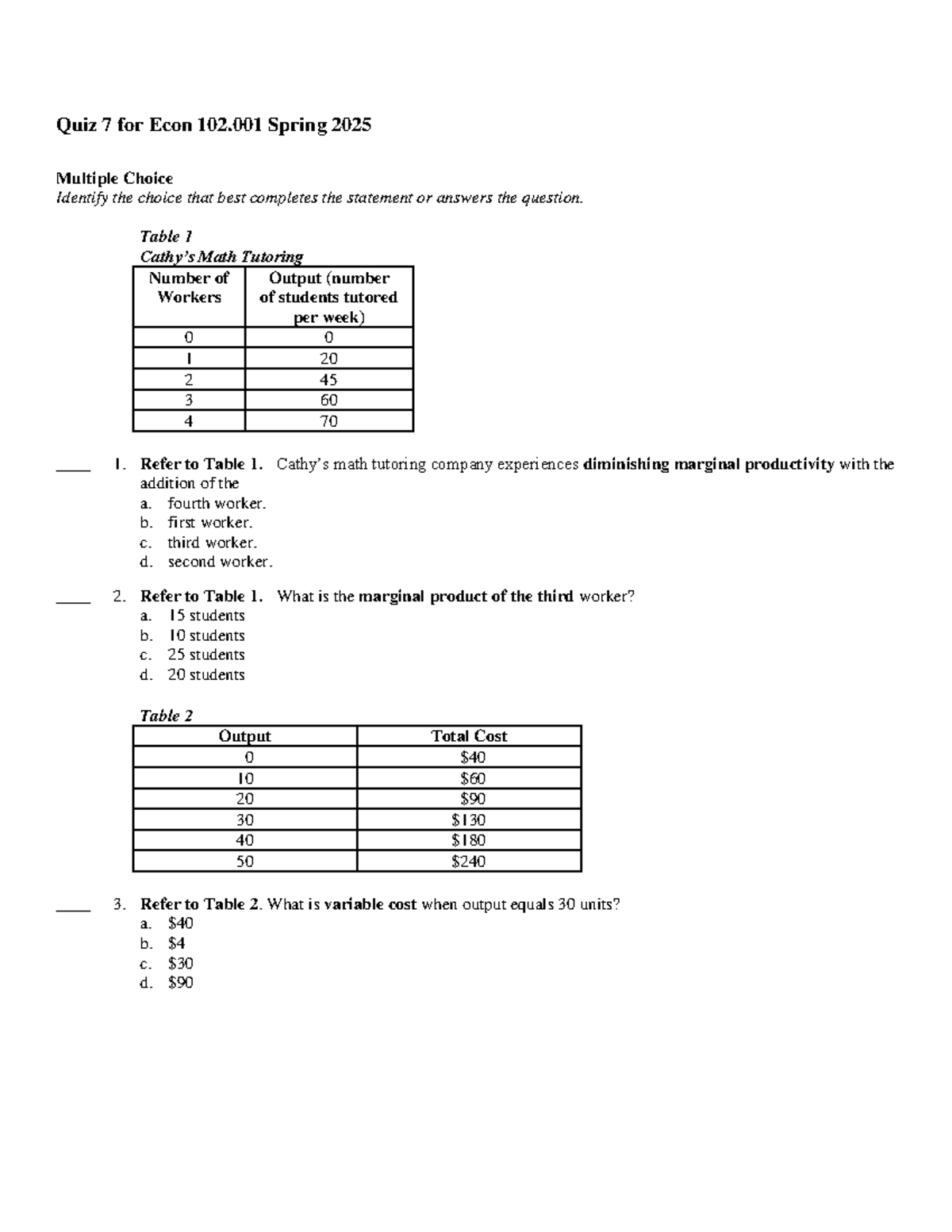 Quiz 7 Answer Key for Econ 102.001 Spring 2025 - Studocu