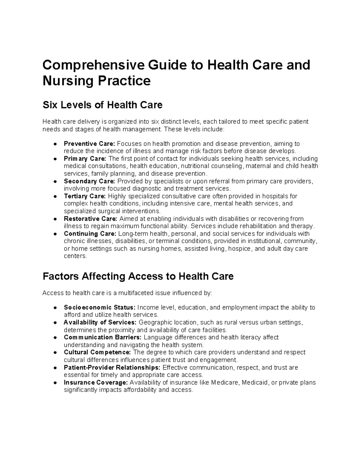 Comprehensive Guide to Health Care & Nursing Practice (NUR 101) - Studocu